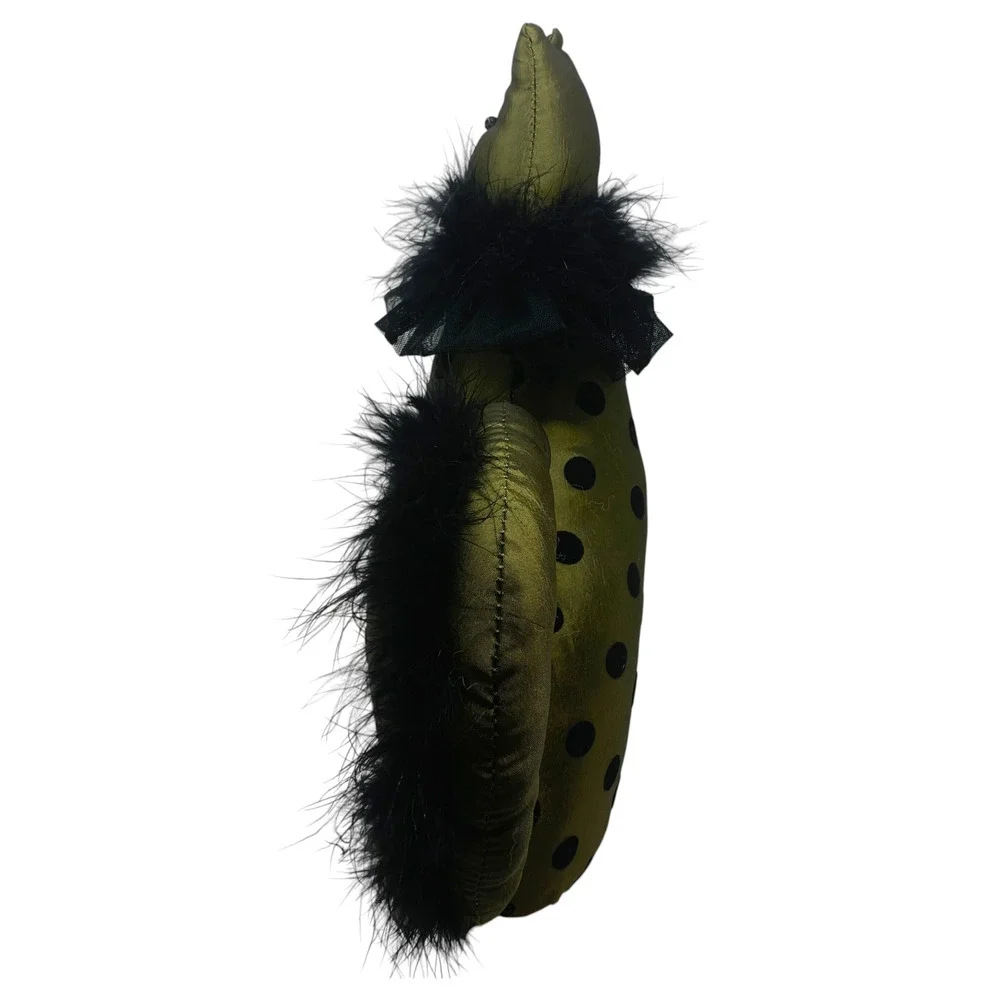 Halloween Cat Doorstop Weighted Plush Black Feather Decor Olive Green Polka Dot